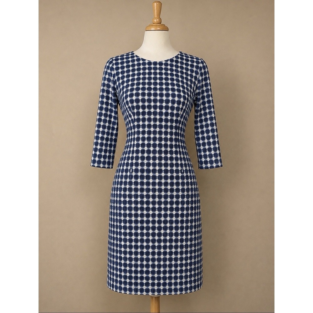 J.McLaughlin Catalina Cloth Shift Dress Small Blue White Geometric 3/4 Sleeve